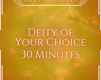 Puede incluir: Un gráfico cuadrado con un fondo amarillo dorado que presenta texto en blanco que dice LIVE CHANNELING, DEITY OF YOUR CHOICE, 30 MINUTES y VITALII'S ORACLE. El diseño incluye un borde blanco con adornos decorativos en las esquinas.