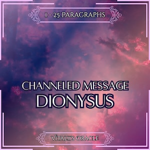 Könnte beinhalten: Eine digitale Grafik mit einem violetten und rosafarbenen, bewölkten Himmelshintergrund und einem weißen Rahmen. Der Text lautet I - 25 PARAGRAPHS, CHANNELED MESSAGE DIONYSUS und VITALII'S ORACLE, alles in einer klaren, dunklen Schrift.