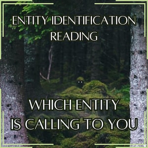 May include: An image with the text "ENTITY IDENTIFICATION READING" and "WHICH ENTITY IS CALLING TO YOU" set in a forest. The background shows a dark, dense forest with a suggestion of a creature with glowing eyes.