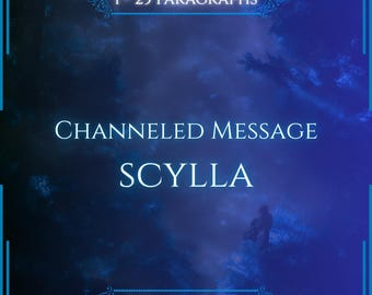 May include: A square digital graphic with a deep blue, cloudy background featuring white text that reads 1 - 25 PARAGRAPHS, CHANNELED MESSAGE, SCYLLA, and VITALII'S ORACLE, all framed by a thin, light blue border with decorative corner flourishes.