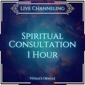 Op de afbeelding: Een digitale afbeelding met een donkerblauwe en groenblauwe nevelachtergrond met witte tekst die Live Channeling, Spiritual Consultation 1 Hour en Vitalii's Oracle leest, omlijst door een witte rand met decoratieve hoekversieringen.