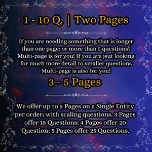K&ouml;nnte beinhalten: Digitalgrafik mit gelbem und wei&szlig;em Text auf dunkelblauem Hintergrund. Der Text lautet "1-10 Q. | Two Pages" und "3-5 Pages". Zus&auml;tzlicher Text erkl&auml;rt Multi-Page-Optionen f&uuml;r detaillierte Fragen und bietet bis zu 25 Fragen.