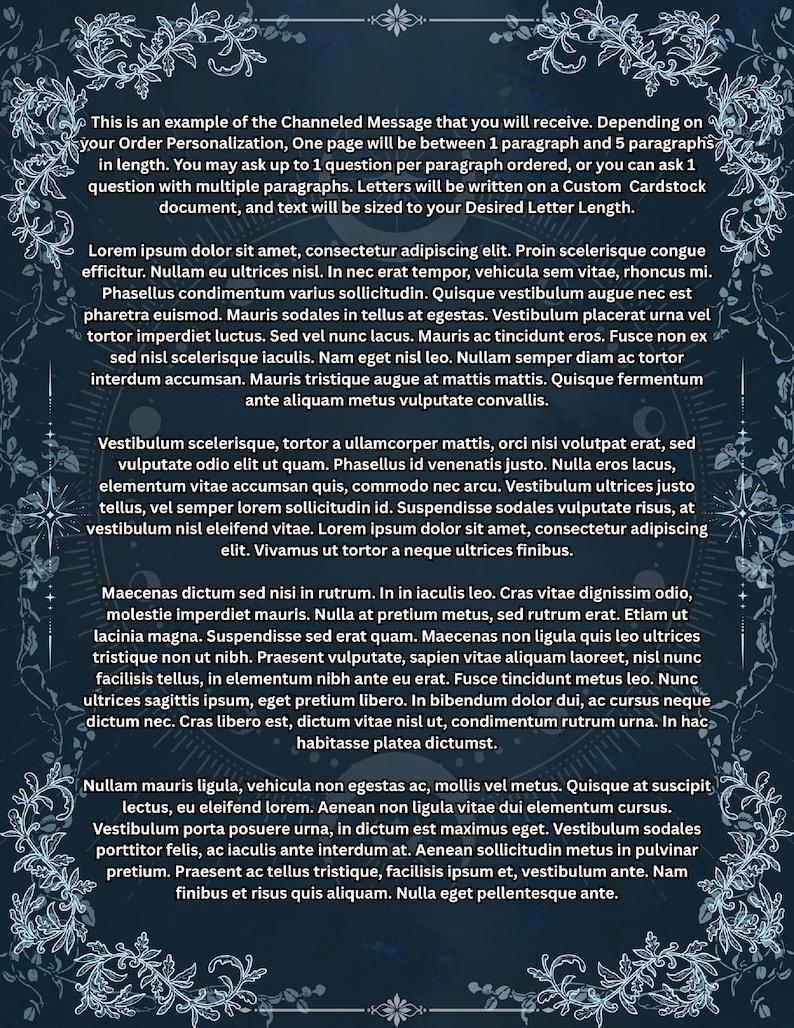 K&ouml;nnte beinhalten: Dunkelblaues Kartendokument mit dekorativem floralen Rand und Text. Der Text beschreibt einen Channeling-Nachrichtendienst, der Seitenl&auml;nge, Fragen pro Absatz und Schriftgr&ouml;&szlig;enoptionen detailliert.
