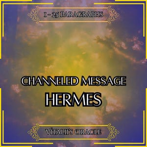 Könnte beinhalten: Eine quadratische Grafik mit einem violett-gelben Wolkenhintergrund und einem gelben Rand. Der Text lautet I - 25 PARAGRAPHS, CHANNELED MESSAGE HERMES und VITALII'S ORACLE, eingerahmt von dekorativen goldfarbenen Verzierungen oben und unten.