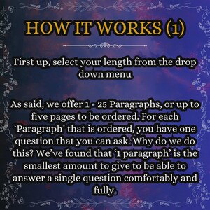 May include: A digital graphic with a dark purple and blue cloudy background featuring the text: HOW IT WORKS (1). First up, select your length from the drop down menu. As said, we offer 1 - 25 Paragraphs, or up to five pages to be ordered.