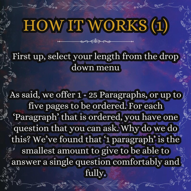 May include: A digital graphic with a dark purple and blue cloudy background featuring the text: HOW IT WORKS (1). First up, select your length from the drop down menu. As said, we offer 1 - 25 Paragraphs, or up to five pages to be ordered.