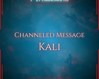 May include: A square graphic with a deep blue gradient background featuring red decorative borders. The text reads 1 - 25 PARAGRAPHS, CHANNELED MESSAGE, KALI, and VITALII'S ORACLE in white lettering. The design includes subtle red floral patterns.