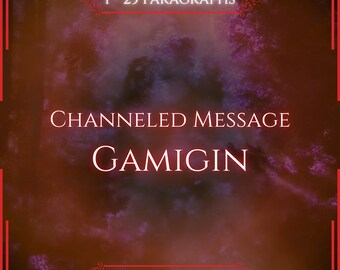 May include: A digital graphic with a dark red and purple smoky background featuring white text that reads 1 - 25 PARAGRAPHS, CHANNELED MESSAGE GAMIGIN, and VITALII'S ORACLE, all framed by a thin red border with decorative corner flourishes.
