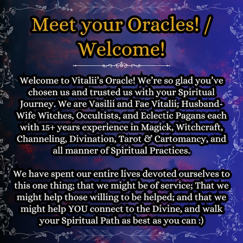 K&ouml;nnte beinhalten: Digitalgrafik mit dunkelblauem und violettem Hintergrund. Der Text lautet "Meet your Oracles! / Welcome!" und beschreibt Vitalii's Oracle, das spirituelle F&uuml;hrung, einschlie&szlig;lich Tarot und Wahrsagerei, anbietet.