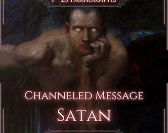 May include: A digital graphic featuring a dark, moody painting of a figure with glowing yellow eyes and a somber expression. The text reads 1 - 25 PARAGRAPHS, CHANNELED MESSAGE, SATAN, and VITALII'S ORACLE in a light, serif font against a dark background.