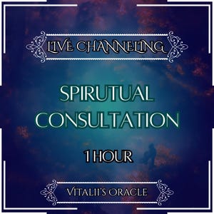 以下が含まれることがあります： 雲の多い青と紫の背景を持つデジタルグラフィック。テキストは「LIVE CHANNELING」、「SPIRITUAL CONSULTATION」、および「1 HOUR」と書かれています。グラフィックの下部には「VITALII'S ORACLE」と書かれています。