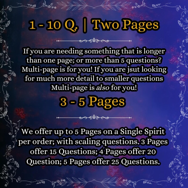 May include: A dark blue informational graphic with white text detailing service options. It lists 1-10 questions over two pages and 3-5 pages for 15 to 25 questions. The text explains multi-page options for detailed inquiries regarding a single spirit.