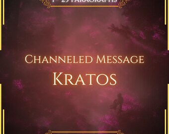May include: A digital graphic with a dark, misty purple and red background featuring the text 1 - 25 PARAGRAPHS, CHANNELED MESSAGE, KRATOS, and VITALII'S ORACLE in white, framed by a thin gold border with decorative corner flourishes.