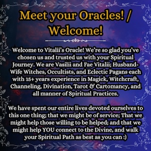 May include: A digital graphic with a dark blue and purple gradient background featuring a decorative floral border. The text reads: Meet your Oracles! / Welcome! Welcome to Vitalii&rsquo;s Oracle! We&rsquo;re so glad you&rsquo;ve chosen us and trusted us with your Spiritual Journey.
