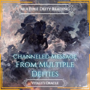 May include: A digital graphic featuring a painting of dark horses galloping through clouds. The text reads: MULTIPLE DEITY READING, CHANNELED MESSAGE FROM MULTIPLE DEITIES, and VITALII'S ORACLE, framed by decorative white flourishes on a dark background.