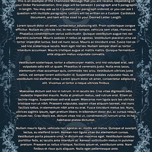 May include: A dark blue document with a decorative white floral border and celestial motifs. The text reads: This is an example of the Channeled Message that you will receive. Depending on your Order Personalization, One page will be between 1 paragraph and 5 paragraphs in length.