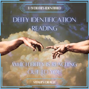 May include: A digital graphic featuring two hands reaching toward each other against a cloudy sky background. The text reads 1-9 DEITIES IDENTIFIED, DEITY IDENTIFICATION READING, WHICH DEITY IS REACHING OUT TO YOU, and VITALII'S ORACLE in white font.