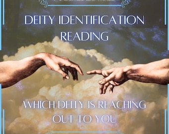 May include: A digital graphic featuring two hands reaching toward each other against a cloudy sky background. The text reads 1-9 DEITIES IDENTIFIED, DEITY IDENTIFICATION READING, WHICH DEITY IS REACHING OUT TO YOU, and VITALII'S ORACLE in white font.