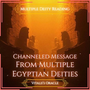 May include: A digital graphic featuring a golden-hued corridor lined with silhouettes of Egyptian statues. The text reads: Multiple Deity Reading, Channeled Message From Multiple Egyptian Deities, and Vitalii's Oracle, framed by decorative borders.