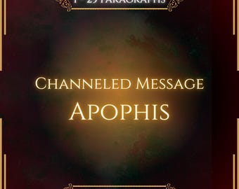 May include: A dark, moody digital graphic featuring a glowing amber center surrounded by deep maroon and black tones. The text reads 1 - 25 PARAGRAPHS, CHANNELED MESSAGE, APOPHIS, and VITALII'S ORACLE, framed by ornate gold-colored decorative borders.