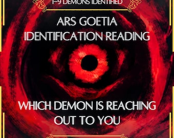 May include: A square graphic featuring a central red eye with a black pupil surrounded by swirling red and black textures. The text reads: 1-9 DEMONS IDENTIFIED, ARS GOETIA IDENTIFICATION READING, WHICH DEMON IS REACHING OUT TO YOU, and VITALII'S ORACLE.
