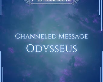 Puede incluir: Un gráfico digital con un fondo nublado de color azul profundo y púrpura que presenta texto blanco que dice 1 - 25 PARAGRAPHS, CHANNELED MESSAGE, ODYSSEUS y VITALII'S ORACLE, todo enmarcado por un borde blanco fino con detalles decorativos.