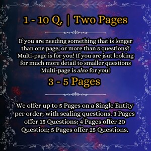 May include: A digital informational graphic with a dark blue and purple gradient background featuring white text. The text outlines service options: 1-10 Q. | Two Pages, and 3-5 Pages, detailing page counts and question quantities for a service offering.