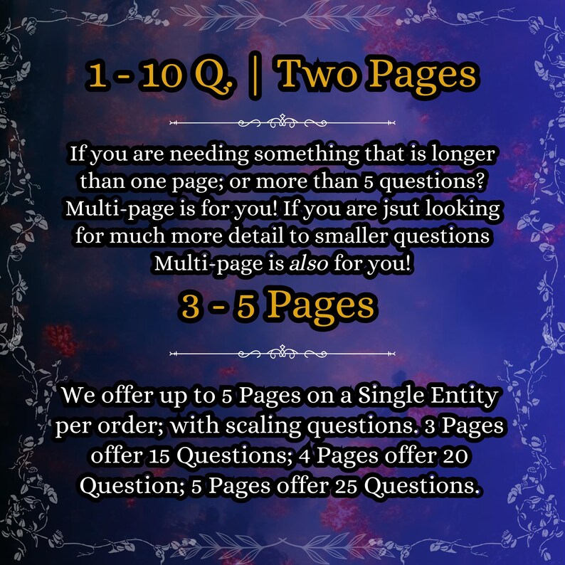 May include: A digital informational graphic with a dark blue and purple gradient background featuring white text. The text outlines service options: 1-10 Q. | Two Pages, and 3-5 Pages, detailing page counts and question quantities for a service offering.