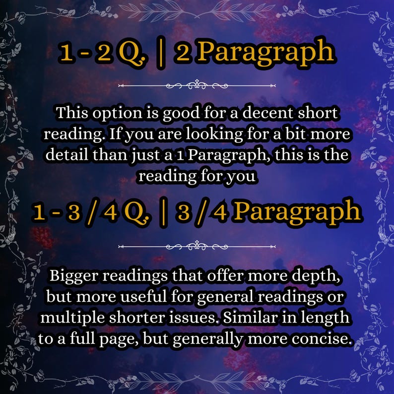 K&ouml;nnte beinhalten: Digitalgrafik mit goldenem und wei&szlig;em Text auf blau-violettem Hintergrund. Der Text beschreibt Leseoptionen, einschlie&szlig;lich der Anzahl der Fragen und Abs&auml;tze. Dekorative florale Elemente umrahmen den Text.