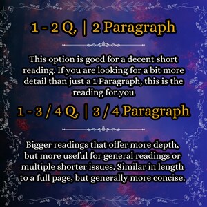 May include: A dark blue informational graphic with white text. The text reads: 1-2 Q. | 2 Paragraph. This option is good for a decent short reading. If you are looking for a bit more detail than just a 1 Paragraph, this is the reading for you. 1-3 / 4 Q. | 3 / 4 Paragraph. Bigger readings that offer more depth, but more useful for general readings or multiple shorter issues. Similar in length to a full page, but generally more concise.