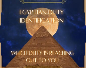 May include: A digital graphic featuring a large pyramid centered against a full moon and a dark blue night sky. The text reads 1-9 DEITIES IDENTIFIED, EGYPTIAN DEITY IDENTIFICATION, WHICH DEITY IS REACHING OUT TO YOU, and VITALII'S ORACLE in gold lettering.