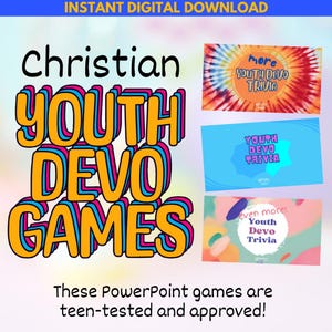 Könnte beinhalten: Ein digitaler Download für christliche Jugendgruppenspiele. Das Bild zeigt eine farbenfrohe Grafik mit dem Text "Christian Youth Devo Games" und drei Folien aus einer PowerPoint-Präsentation mit dem Text "More Youth Devo Trivia", "Youth Devo Trivia" und "Even More! Youth Devo Trivia".