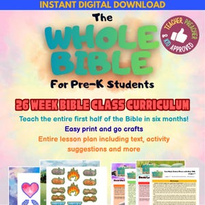 Puede incluir: Descarga digital para un plan de estudios de clase bíblica de 26 semanas para estudiantes de preescolar. El título "The Whole Bible" está en letras grandes y coloridas. Incluye planes de lecciones, texto, actividades y sugerencias de manualidades.