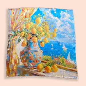 Mulberry Satin Silk Square Scarf: Lemon & Ocean Oil Painting, Bandana, Hand-Rolled Edges (27x27&quot;/70x70cm)