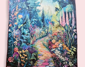 May include: A colorful silk scarf with a painting of a path through a lush garden with flowers in shades of pink, purple, yellow, and blue. The path is made of colorful stones.