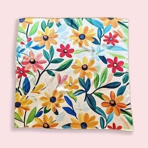 100% Silk Square Scarf - Daisies 27x27&quot;/70x70cm, Mulberry Satin Silk Bandana with Hand-rolled Edges, Oil Painting, Daisy, Gift for her/him