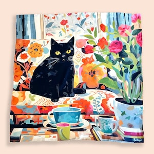 100% Silk Square Scarf - Morning Cat 27x27"/70x70cm, Mulberry Twill Silk Bandana with Hand-rolled Edges, Black Cat, Gift for her and him