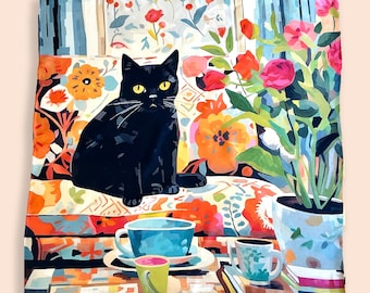 Mulberry Twill Silk Square Scarf: Morning Cat, Bandana, Hand-Rolled Edges (27x27&quot;/70x70cm)
