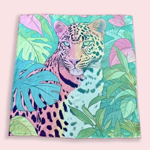 100% Silk Square Scarf - Jungle Leopard 27x27"/70x70cm, Mulberry Twill Silk Bandana with Hand-rolled Edges, 1980s Style, Gift for her/him