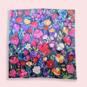 100% Silk Square Scarf - Floral Dream 27x27&quot;/70x70cm, Mulberry Satin Silk Scarf with Hand-rolled Edges, Oil Painting, Gift for her/him