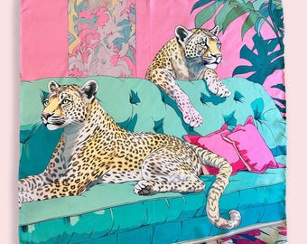 Mulberry Twill Silk Square Scarf: 1980s Style Leopard, Bandana, Hand-Rolled Edges (27x27&quot;/70x70cm or 35x35&quot;/90x90cm)