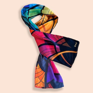 100%シルクロングスカーフ - アールデコ、18x59インチ/45 x 145 cm、マルベリーサテンシルクバンダナ、手巻きエッジ、ヘッドラップ、女性へのギフト、男性へのギフト
