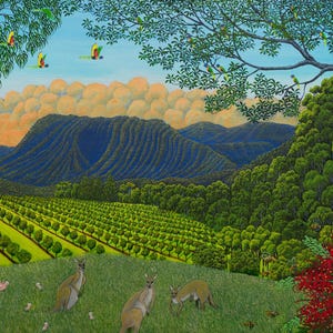 Wallabies Grazing - Australian Art Print of a Painting by Denis Meagher. Available in 3 sizes.