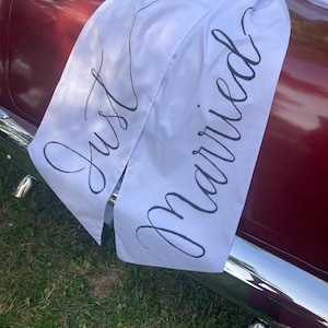Just Married Handmade Fabric Sign Bow Getaway Car Just Married Sign Big wedding car bow for wedding getaway car Just Married get away car