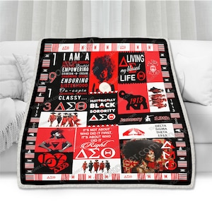 May include: A black and red patterned fleece blanket with a collage of images and text. The text includes "I am a God fearing...", "Living my blessed life", "Historically Black Sorority", "Delta Sigma Theta 1913", and "January 13th".
