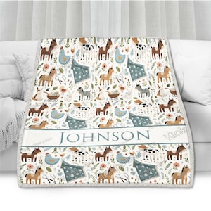 Cartoon Farm Animals Custom Name Throws Blanket Comfort Soft Cozy Blanket Fleece Blanket Couch Blanket, Blanket Bed, Baby Gift