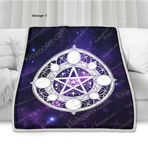 May include: A purple and white throw blanket with a pentacle design and a starry night background.