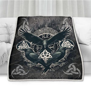 Raven and Runic Symbols Viking  Throws Blanket Comfort Warmth Soft Cozy Blanket Fleece Blanket Couch Blanket, Blanket Bed, Raven Lover Gift