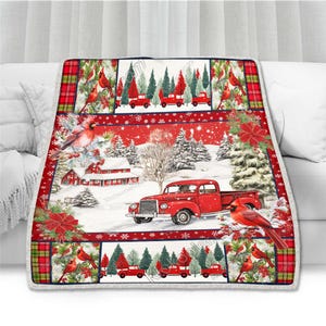 Christmas Red Truck Cardinal Blanket, Cozy Blanket, Truck Christmas Blanket, The Xmas Blanket For Couch Sofa, Merry Christmas Red Truck
