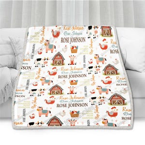 Custom Name Personalized Farm Animals Throw Blanket Comfort Warmth Soft Cozy Blanket Fleece Blanket Couch Blanket, Blanket Bed.